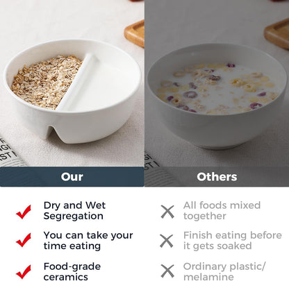 Anti-Soggy Cereal Bowl Set of 2, 6.7 Inch Divided Ceramic Bowls for Cereal and Milk, Chip and Dip Bowl, Soup and Sandwich Plate Combo, Stackable Snack Serving Bowl for Kids Adults, White