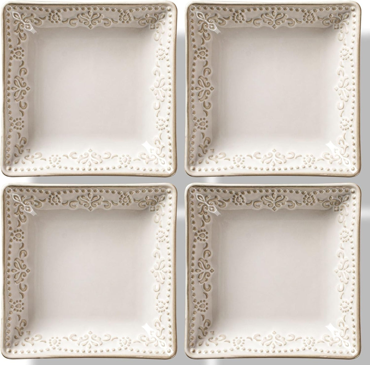 Artena Ceramic Square Dessert Plates Set of 4, 6 Inch Embossed Appetizer Plates for Snack, Bread, Sauce & Side Dish – Microwave & Dishwasher Safe, Scratch Resistant, White, Damask Floral