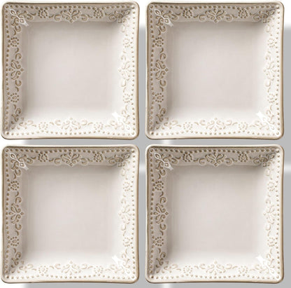 Artena Ceramic Square Dessert Plates Set of 4, 6 Inch Embossed Appetizer Plates for Snack, Bread, Sauce & Side Dish – Microwave & Dishwasher Safe, Scratch Resistant, White, Damask Floral