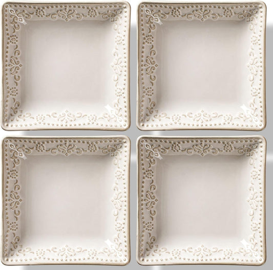 Artena Ceramic Square Dessert Plates Set of 4, 6 Inch Embossed Appetizer Plates for Snack, Bread, Sauce & Side Dish – Microwave & Dishwasher Safe, Scratch Resistant, White, Damask Floral