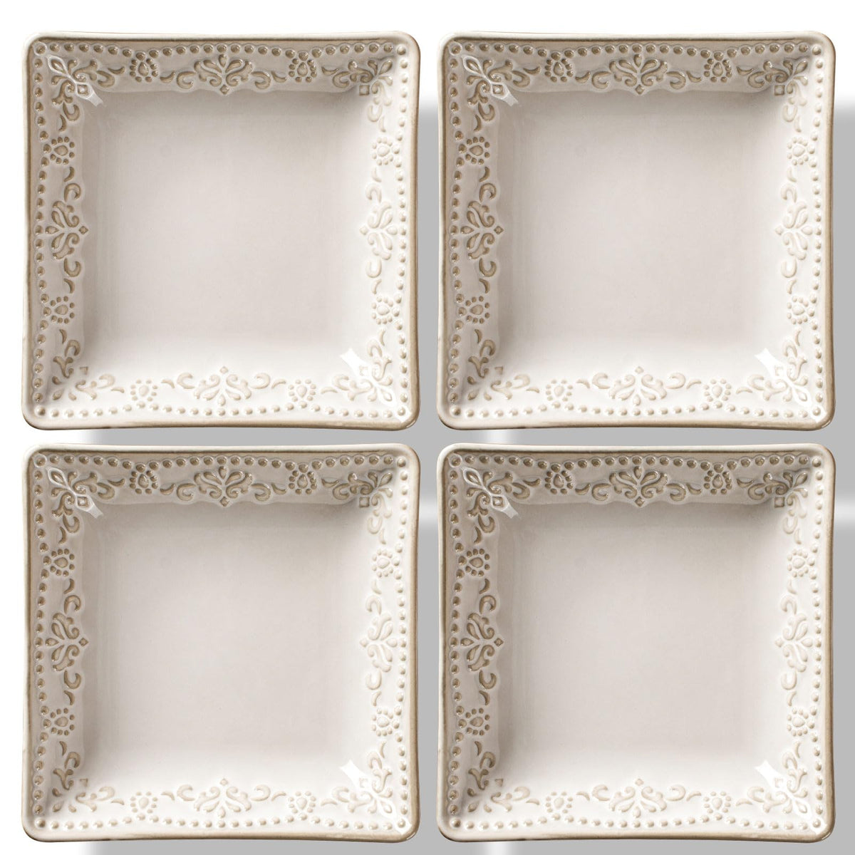 Artena Ceramic Square Dessert Plates Set of 4, 6 Inch Embossed Appetizer Plates for Snack, Bread, Sauce & Side Dish – Microwave & Dishwasher Safe, Scratch Resistant, White, Damask Floral