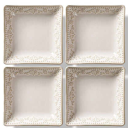Artena Ceramic Square Dessert Plates Set of 4, 6 Inch Embossed Appetizer Plates for Snack, Bread, Sauce & Side Dish – Microwave & Dishwasher Safe, Scratch Resistant, White, Damask Floral