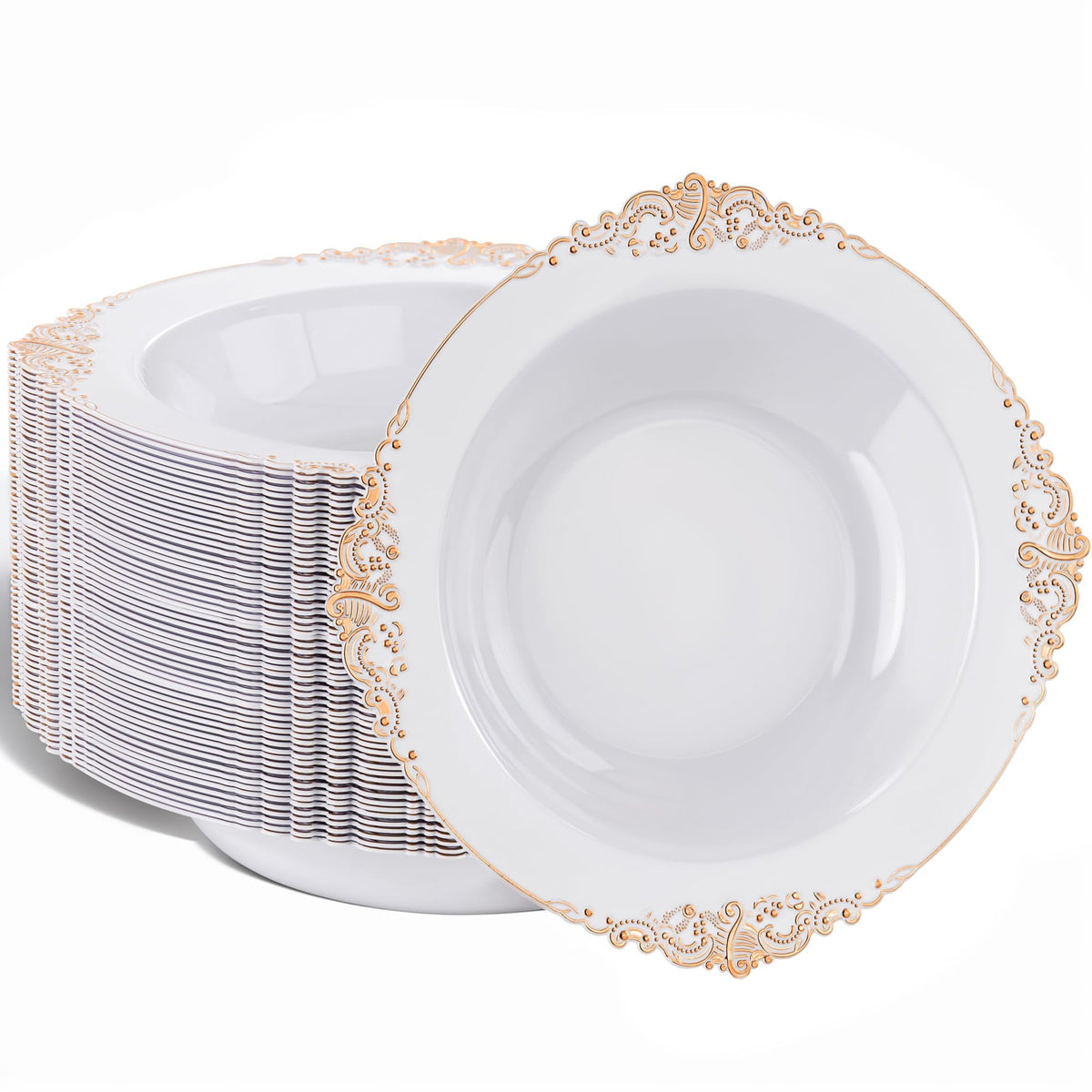 Nervure 50PCS White Plastic Bowls with Gold Rim - 12oz Disposable Soup Bowl