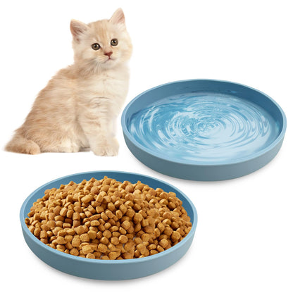 Silicone Cat Food Bowl Shallow Dishes 5.9in Wide Cats Bowls Set of 2 Kitty Plates Relief Whisker Fatigue Puppy Feeding Bowl for Dry Food and Wet Food Indoor (Round Green)