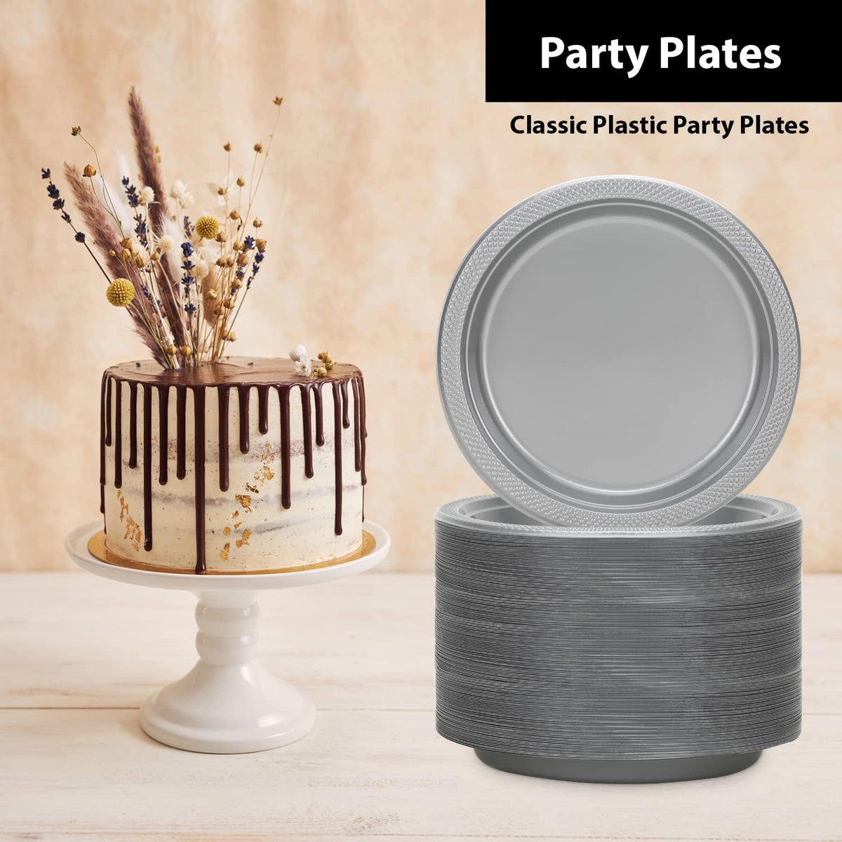 Silver Solid Color Premium Heavy Weight Plastic Dinner Plate (9") 50 Count - Premium Plastic, Elegant & Durable, Perfect for Events