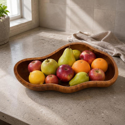Wooden Serving Bowl Tray Platter Dish With Rustic Look And Shallow Basin For Easy Access Solid Carved Wood For Fruit Snacks Arrangement suitable for kitchen buffet coffee table, Wood Grain