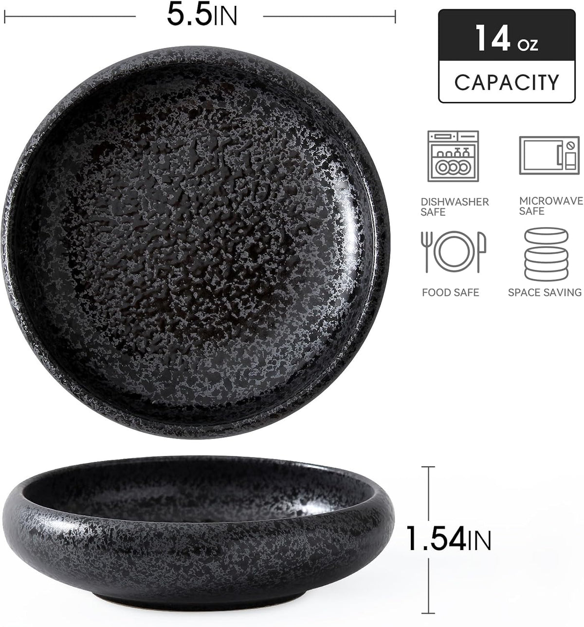 Uaral Japanese Plates Serving Dishes,Salad Bowl Set,Dessert Plate,Appetizer Plate Set of 4,5.5 inch(Black Speckled)