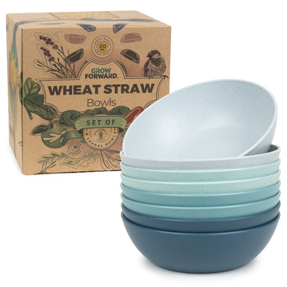 Grow Forward Premium Wheat Straw Bowls - 20oz Microwave Safe Plastic Cereal Bowls Set of 8 for Kitchen, Camping, RV, Dessert, Snack, Soup, Salad, Fruit - Reusable, Unbreakable & BPA Free - Sahara