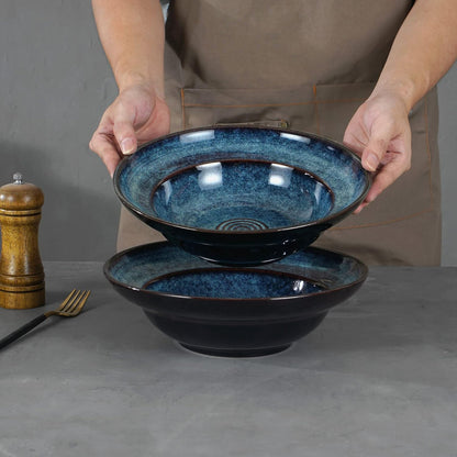 Ceramic Pasta Salad bowl, 10" Wide Rim Soup Bowls, 48oz Deep Porcelain Pasta Plate,Set of 2,Large Serving Bowls for Kitchen,Microwave Safe(Starry Blue)