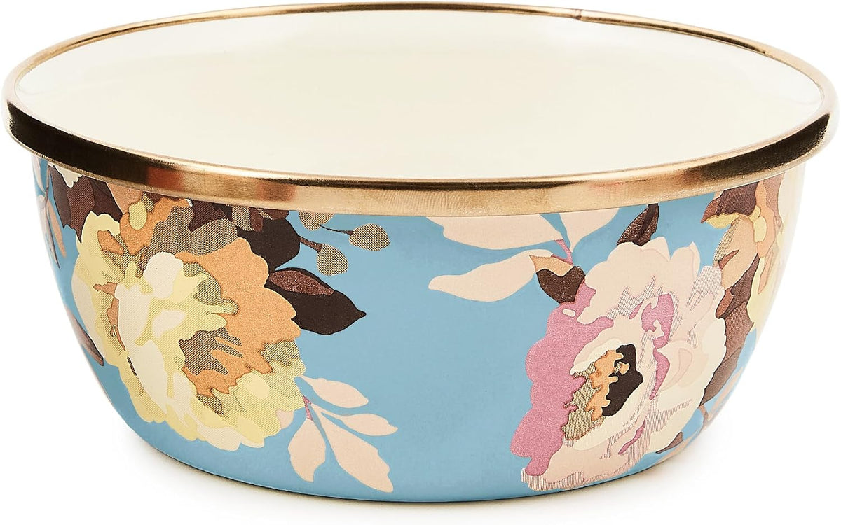 MACKENZIE-CHILDS Enamel Pinch Bowl, Small Bowl for Cooking Ingredients, 1.5-Cup Capacity, Wild Rose Slate
