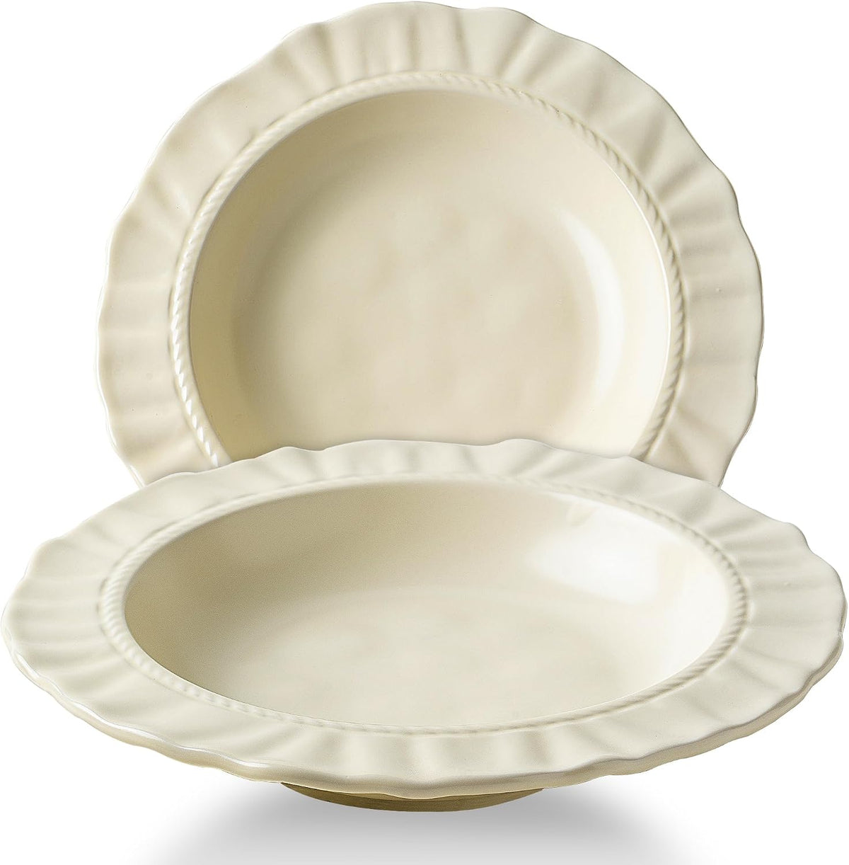 8.6" Ceramic Wide Rim Soup Bowls Set of 2, Cream Color Embossed