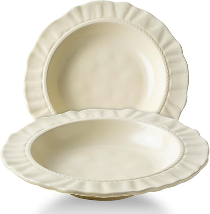 8.6" Ceramic Wide Rim Soup Bowls Set of 2, Cream Color Embossed