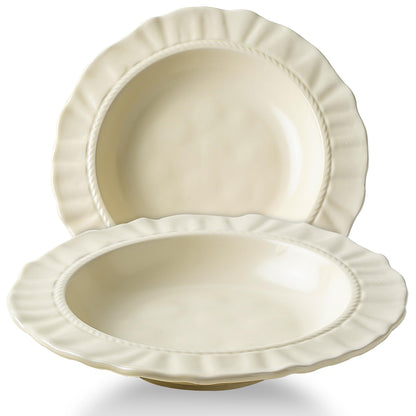 8.6" Ceramic Wide Rim Soup Bowls Set of 2, Cream Color Embossed