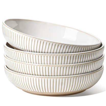 LE TAUCI Pasta Bowls 42oz, Large Salad Bowl, Ceramic Embossment Stoneware Serving Plate for Fruits, Noodle, Dinner, House-warming Wedding Present - 9 Inch, Set of 4, Arctic White