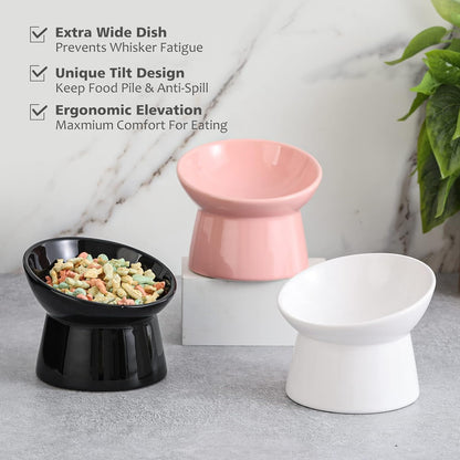 Raised Ceramic Cat Food Bowl - Elevated Base, Tilted, Anti Vomit - Whisker Friendly Shallow Wide Feeding Bowl - Microwave and Dishwasher Safe