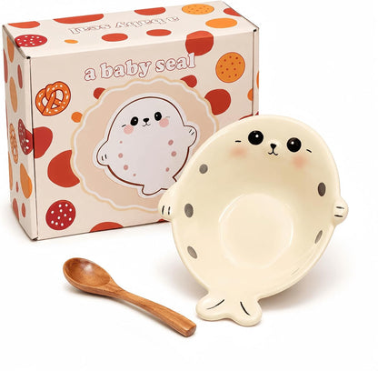 Cute Seal Ceramic Bowl with Wooden Spoon, Ice Cream Bowl, Cream