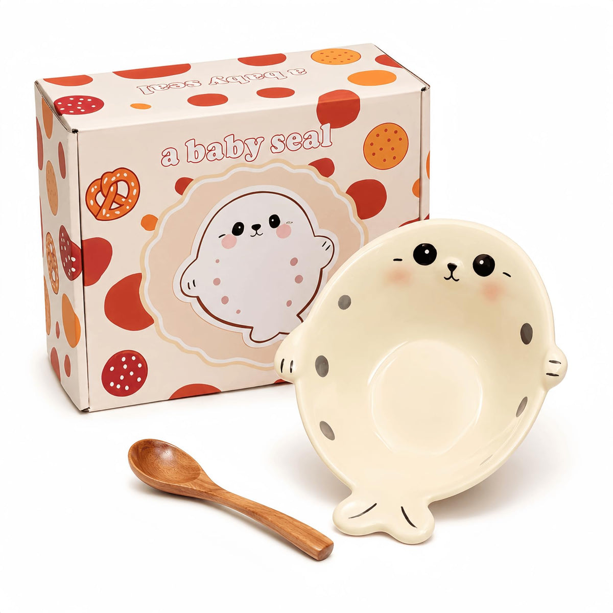 Cute Seal Ceramic Bowl with Wooden Spoon, Ice Cream Bowl, Cream