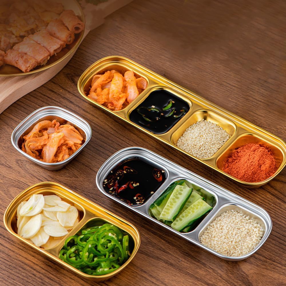 XIYUAN 3 Piece Stainless Steel Sauce Tray, Divided DippingTray, 3 Compartment Appetizer Serving Tray for Sauce, Ketchup, Dressing, Silver, 8 X 3 Inches (3 Compartment)