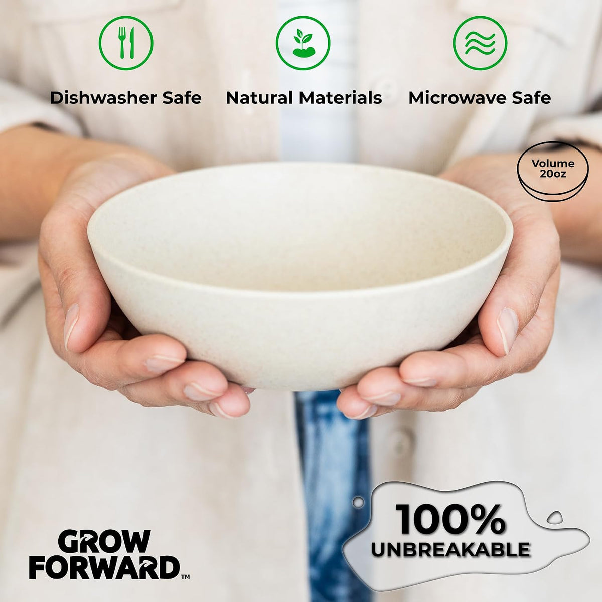 Grow Forward Premium Wheat Straw Bowls - 20oz Microwave Safe Plastic Cereal Bowls Set of 8 for Kitchen, Camping, RV, Dessert, Snack, Soup, Salad, Fruit - Reusable, Unbreakable & BPA Free - Sahara