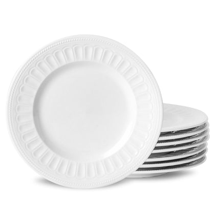 Neaylfe Ceramic Dinner Plates Set of 6, 10 inch Oval Embossed White Plates for Salad, Dessert, Appetizer, Steak, Large Flat Serving Plates for Kitchen, Restaurant, Parties