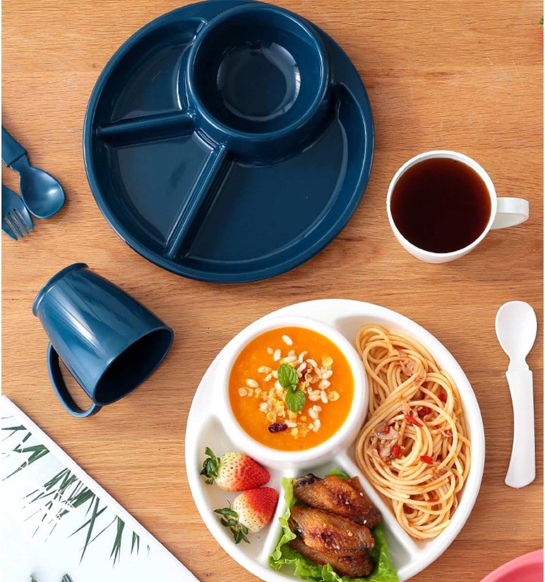 Unbreakable Divided Plates for Adults Portion Control Plates Set of 2 Dark Blue Round Plastic Dinner Plate 9 Inch for Camping Outdoor or Every Day Use