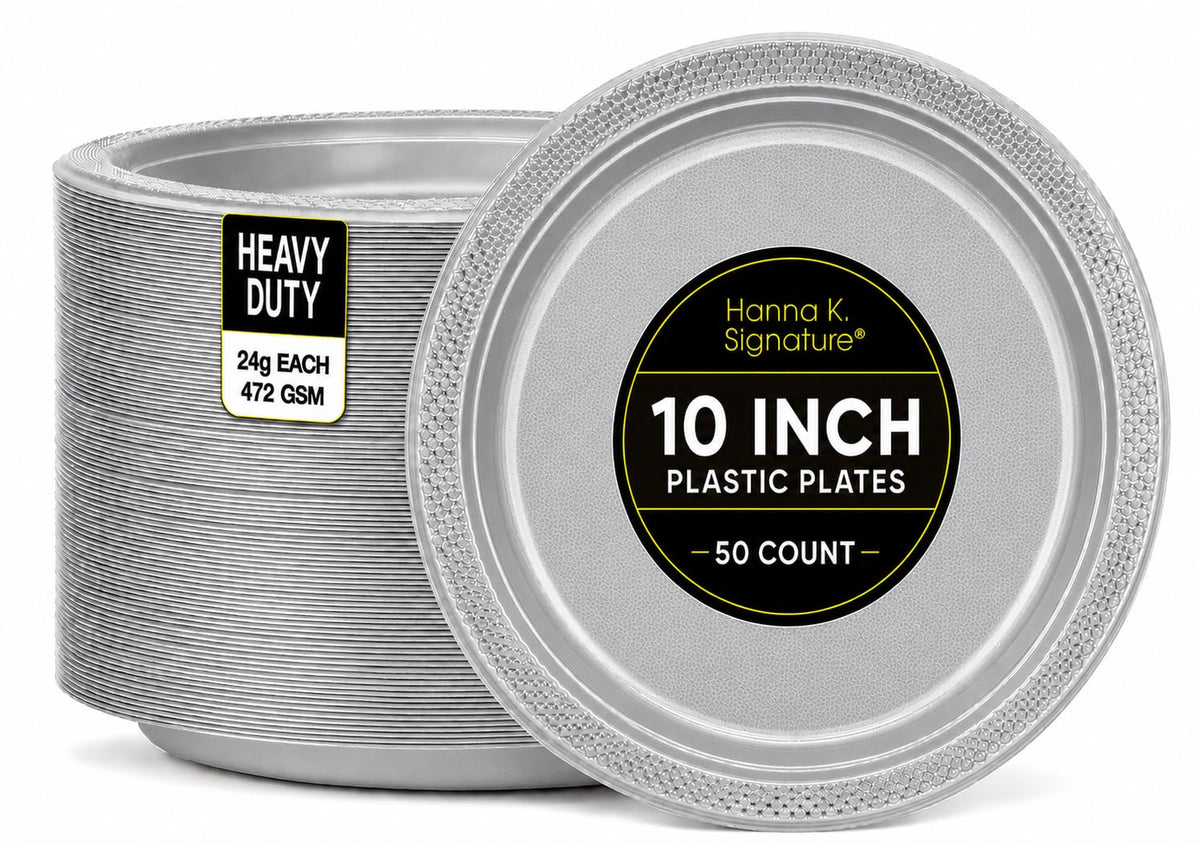 Silver Solid Color Premium Heavy Weight Plastic Dinner Plate (9") 50 Count - Premium Plastic, Elegant & Durable, Perfect for Events