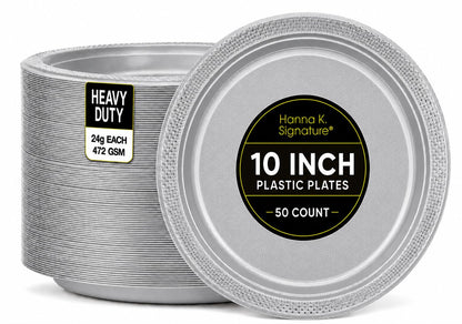 Silver Solid Color Premium Heavy Weight Plastic Dinner Plate (9") 50 Count - Premium Plastic, Elegant & Durable, Perfect for Events