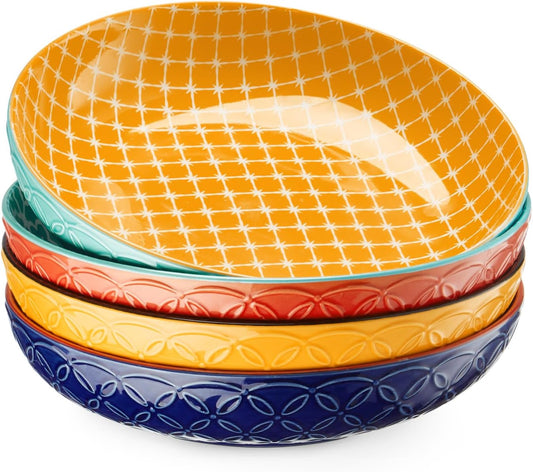 DOWAN 8.5" Vibrant Pasta, Salad & Soup Serving Bowls Set of 4, Embossed Large Porcelain Ceramic, Microwave, Oven & Dishwasher Safe, Bonita Design Perfect for Daily Dining, Family Gatherings, Party