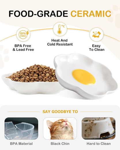 TRUVIC 3 Pack Ceramic Cat Food Bowls, 5.9 Inch Ceramic Cat Dishes Set for Indoor Cats and Small Dogs, Anti Whisker Fatigue Kitten Bowls, Wide Shallow Kitten Plates for Food and Water (Fried Egg)