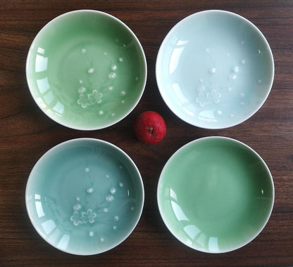 Longquan Celadon 4-inch Appetizer Plate,Vinegar Dish,Sushi Dipping Saucers,Ceramic Dessert Dishes,Natural Mineral Glaze 4 pcs(4 celadon)