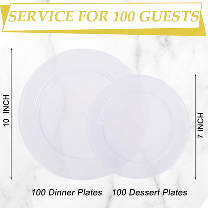 FLOWERCAT 200PCS Clear Plastic Plates Disposable Plates for Party - Clear Bulk Plastic Plates - 100 10" Dinner Plates and 100 7" Salad Plates for Weddings, New Year,Christmas Parties and Events