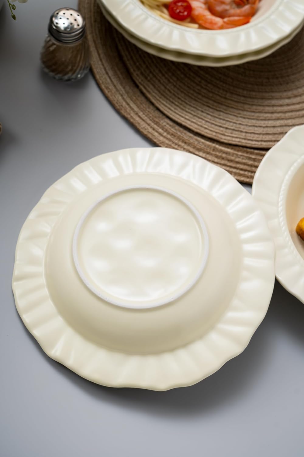 8.6" Ceramic Wide Rim Soup Bowls Set of 2, Cream Color Embossed