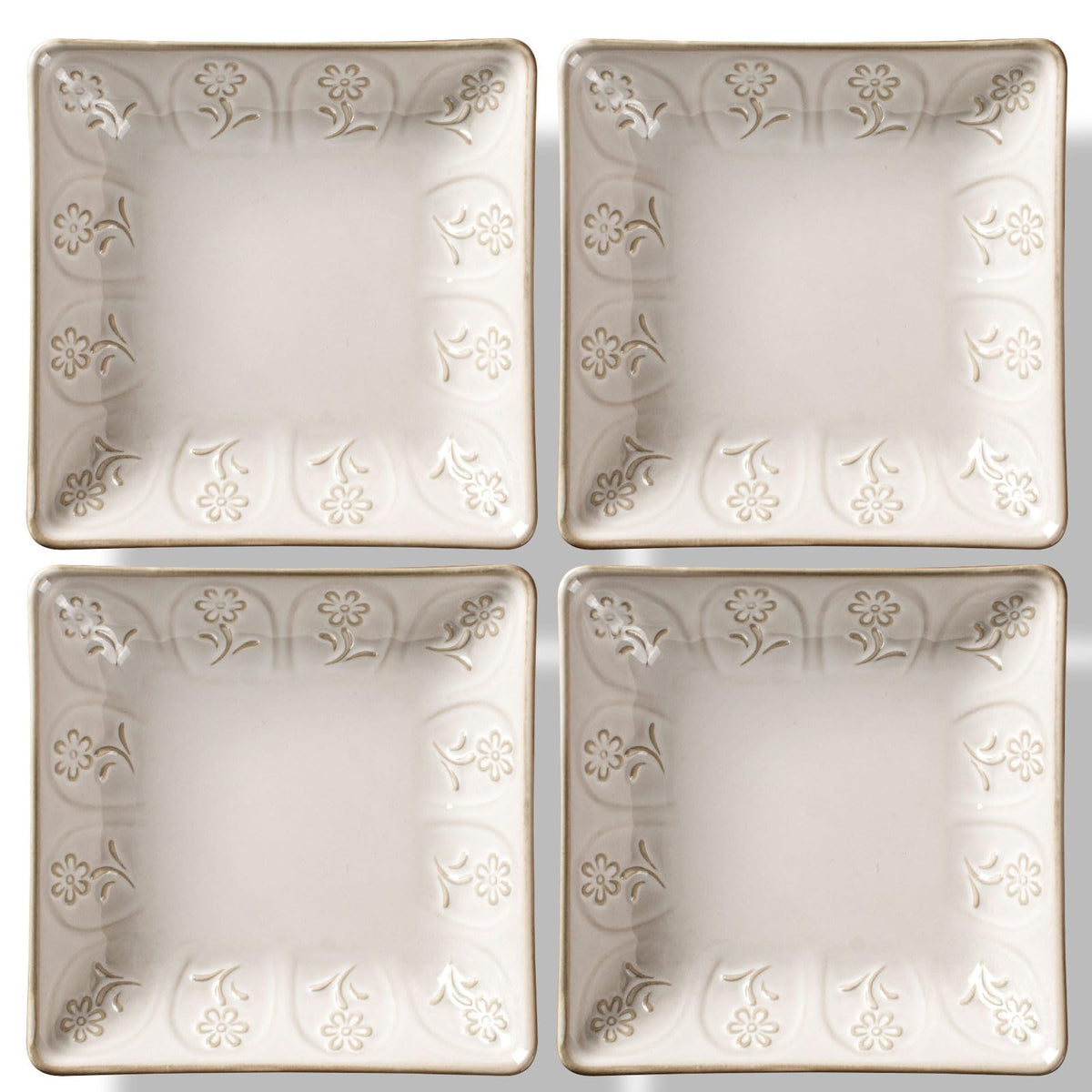 Artena Ceramic Square Dessert Plates Set of 4, 6 Inch Embossed Appetizer Plates for Snack, Bread, Sauce & Side Dish – Microwave & Dishwasher Safe, Scratch Resistant, White, Damask Floral