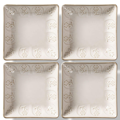 Artena Ceramic Square Dessert Plates Set of 4, 6 Inch Embossed Appetizer Plates for Snack, Bread, Sauce & Side Dish – Microwave & Dishwasher Safe, Scratch Resistant, White, Damask Floral