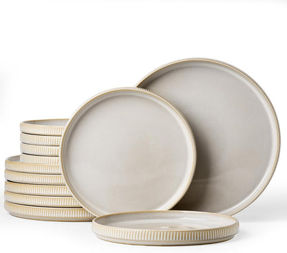 Famiware 12pc Ceramic Flat Plates, Scratch-Resistant Dinnerware Sets for 6