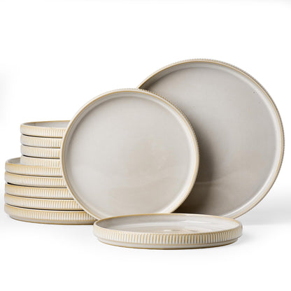 Famiware 12pc Ceramic Flat Plates, Scratch-Resistant Dinnerware Sets for 6