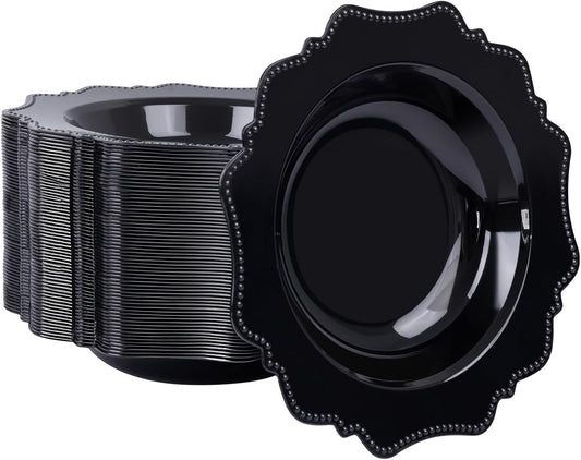 COLOSUS 60PCS Black Plastic Soup Bowls, 12oz Elegant Pearl Dessert Bowls.