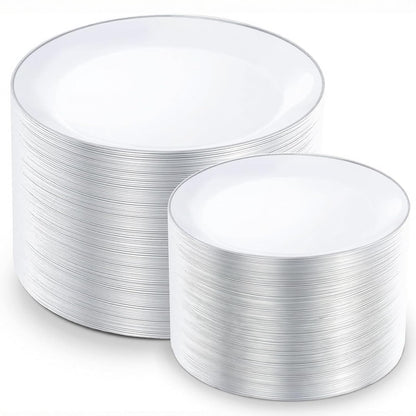KIRE 100PCS White Plates with Gold Trim - Plastic Disposable Plates - Includes 50Pieces 10.25inch Dinner and 50Pieces 7.5inch Dessert/Salad Plastic Plate for Wedding Receptions/Party/Thanksgiving