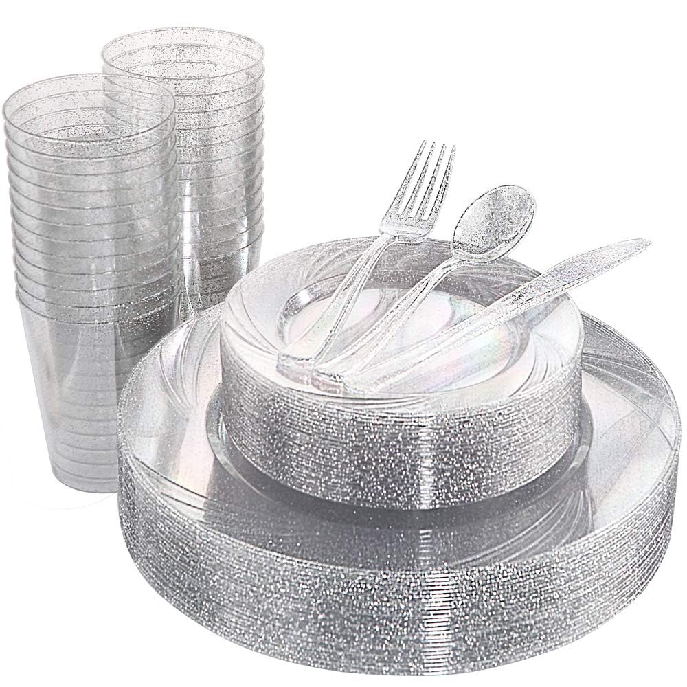 WDF 25 Guest Green Plastic Plates with Disposable Silverware&Green Cups-Neon Clear Plastic Dinnerware include 25 Dinner & Salad Plates,25 Forks, 25 Knives, 25 Spoons,25 Cups for Party