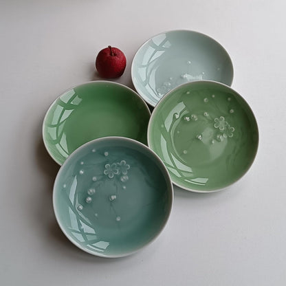 Longquan Celadon 4-inch Appetizer Plate,Vinegar Dish,Sushi Dipping Saucers,Ceramic Dessert Dishes,Natural Mineral Glaze 4 pcs(4 celadon)