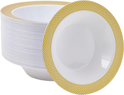 JOLLY CHEF Plastic Bowls with Gold Grid Rim Disposable 12oz Bolws 50Pack