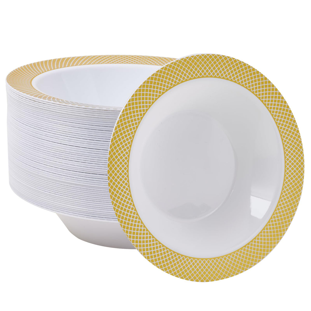 JOLLY CHEF Plastic Bowls with Gold Grid Rim Disposable 12oz Bolws 50Pack