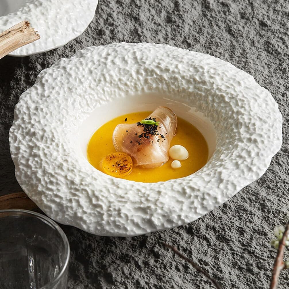 Cabilock Ceramic Pasta Plate with Rock Pattern, Deep Serving Dish for Meals