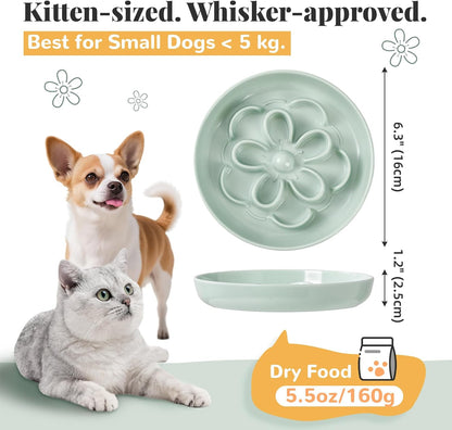 Melamine Cat Slow Feeder Bowl Set - Floral Maze Food Dishes for Cats and Small Dogs - Shallow Wide Plates for Dry & Wet Food - 3 Pack - White & Green & Blue