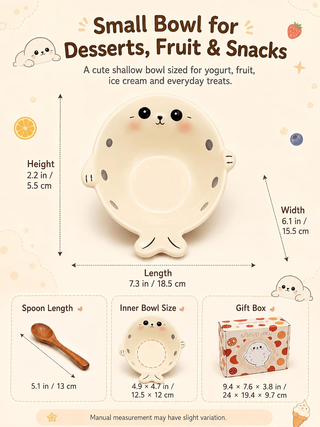 Cute Seal Ceramic Bowl with Wooden Spoon, Ice Cream Bowl, Cream