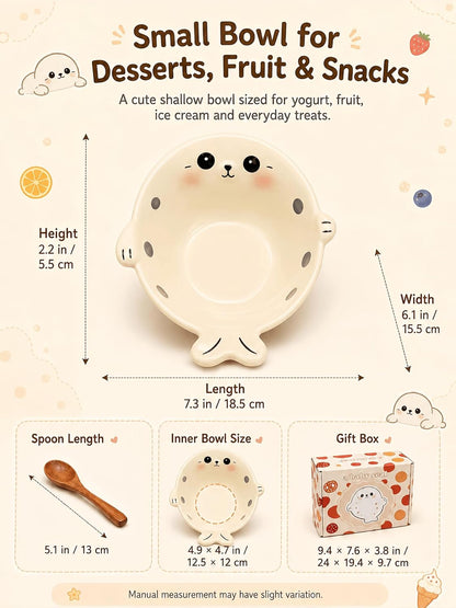Cute Seal Ceramic Bowl with Wooden Spoon, Ice Cream Bowl, Cream