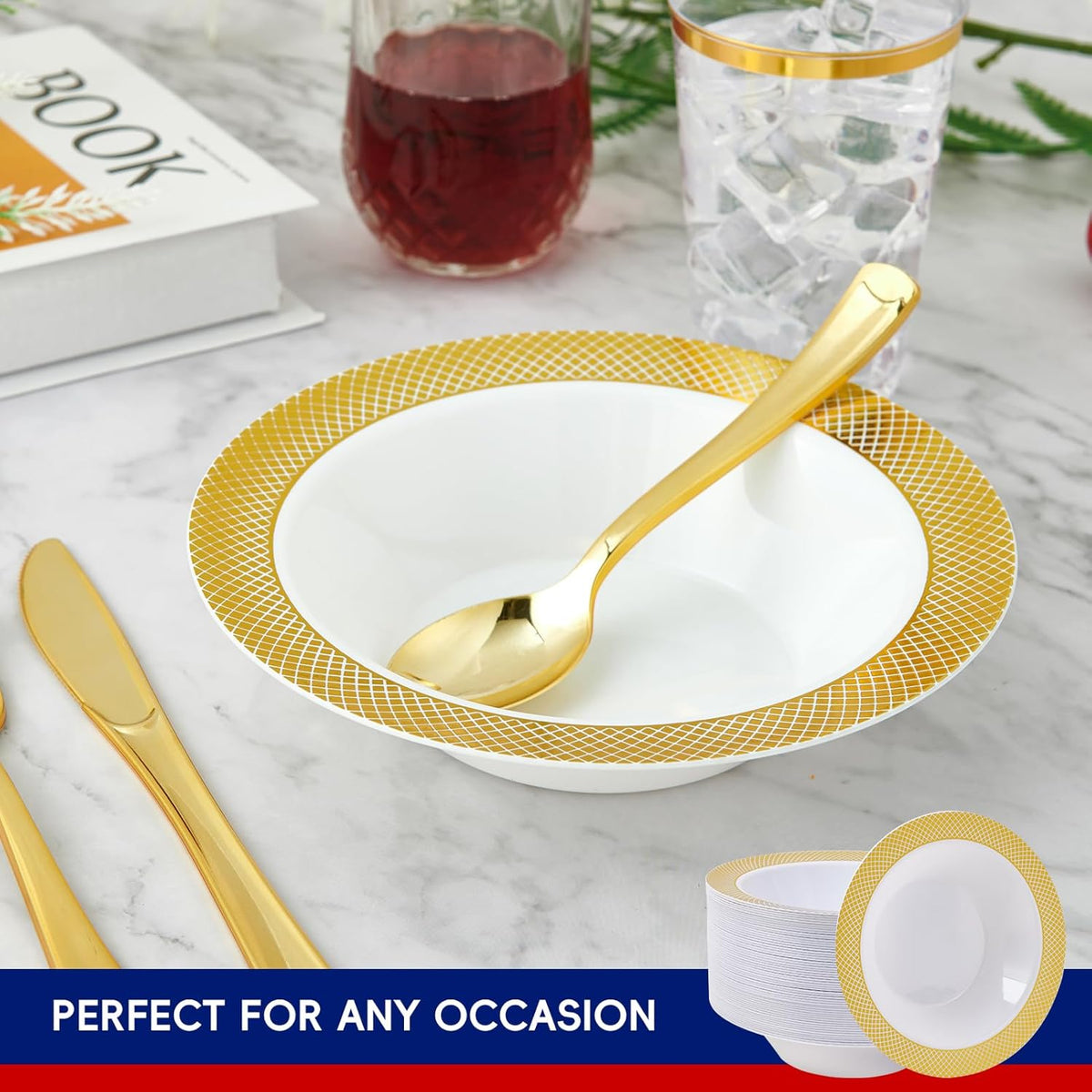 JOLLY CHEF Plastic Bowls with Gold Grid Rim Disposable 12oz Bolws 50Pack