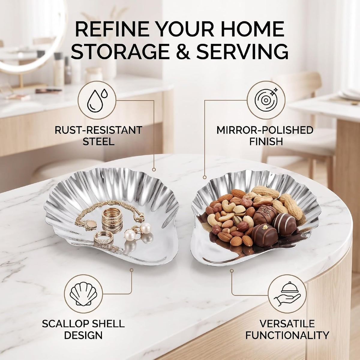 Fdit 2pcs Jewelry Tray, Scallop Shell Shape with Wavy Texture