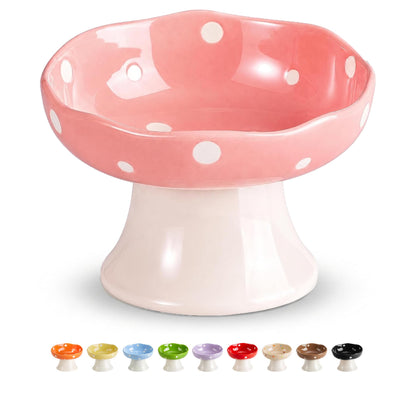 Pink Mushroom Cat Bowl, Elevated Ceramic Feeding Bowl