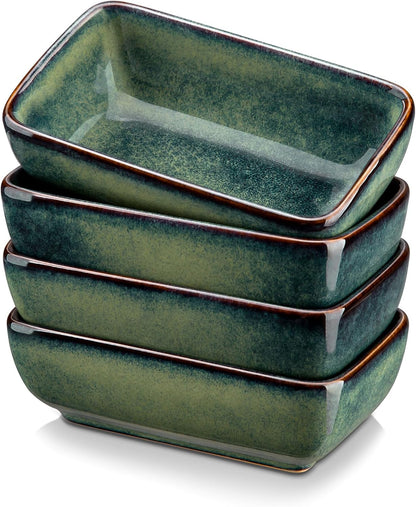 vancasso Stern 6 Oz Dipping Bowls, 4.5 Inches Ceramic Soy Sauce Dish, Rectangular Side Dishes, Small Appetizer Plates Set of 4, Green